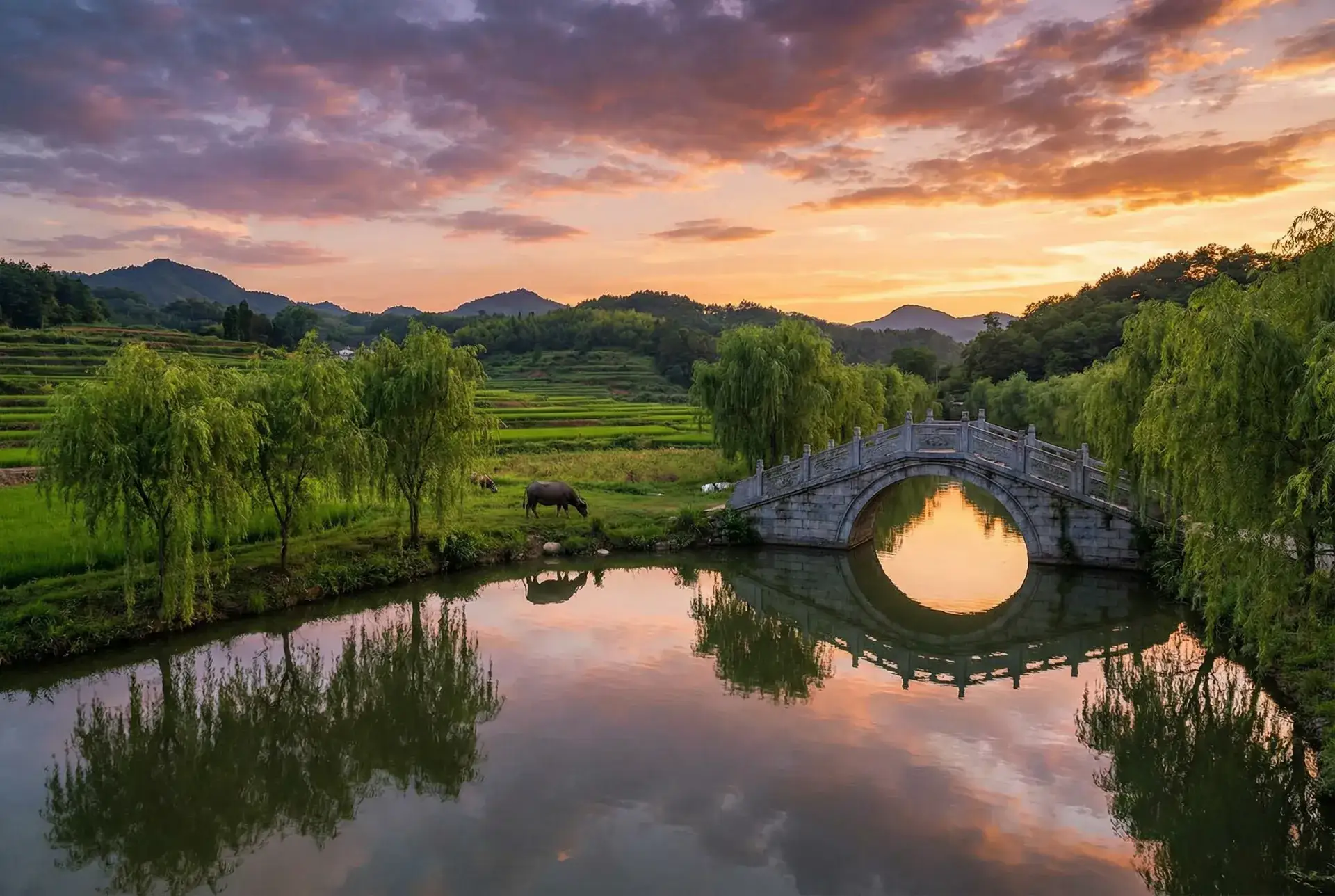 夕阳下的石拱桥与垂柳，水牛在河边吃草 - 河北省高级人民法院 乡村美景